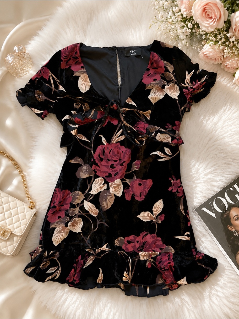 VICI Black Velvet Mini Dress with Burgundy & Cream Floral Print